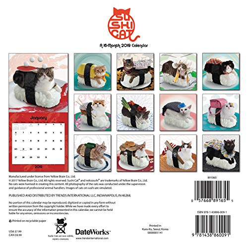 Sushi Cat Calendar 2019 Set - Deluxe 2019 Funny Sushi Cat Mini Calendar (Bundle with Over 100 Calendar Stickers)