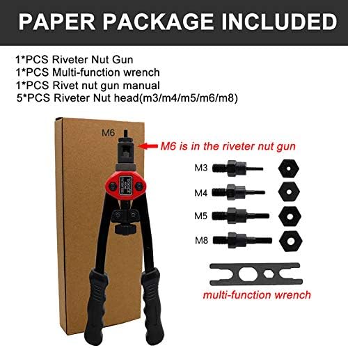 12'' Hand Blind Rivet Nut Gun #606 M3 M4 M5 M6 M8 Insert Riveter Nut Tool Gun Riveting Manual Mandrels Non-Slip Rustproof Paper Package 12inch
