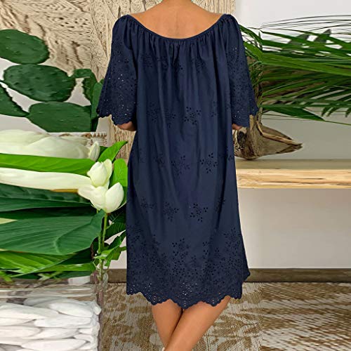 Witspace Women's Ladies Loose Solid Half Sleeve Lace V-Neck Knee Length Dress