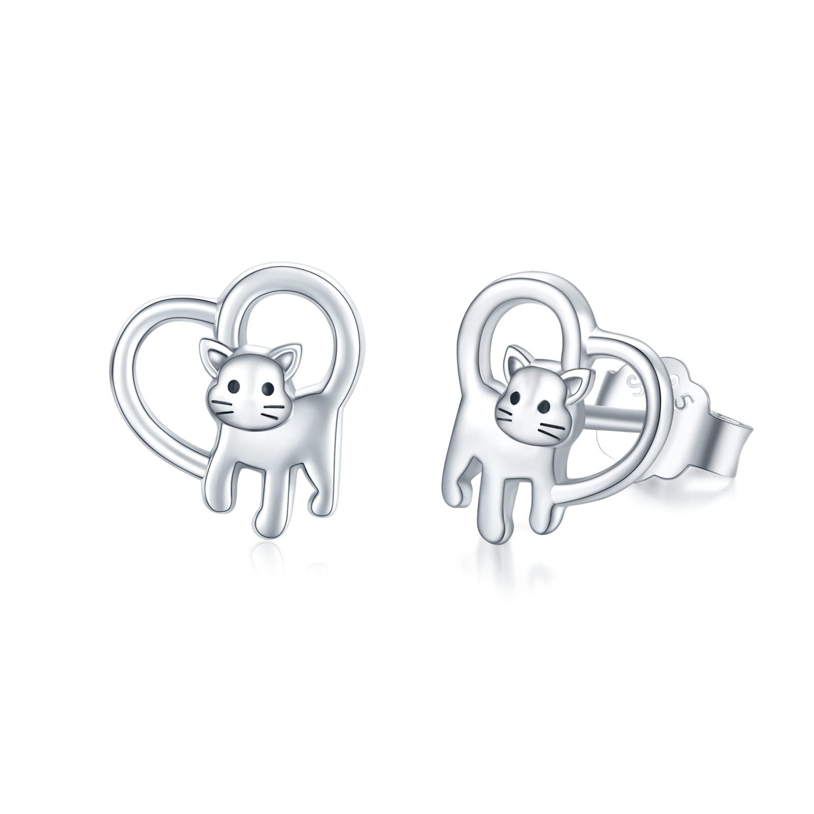 Cat Stud Earrings 925 Sterling Silver Hypoallergenic Heart Kitty Stud for Sensitive Ears Animal Cat Earrings Jewellery Gift for Women Mom Daughter Wife Mother's Day — image 1