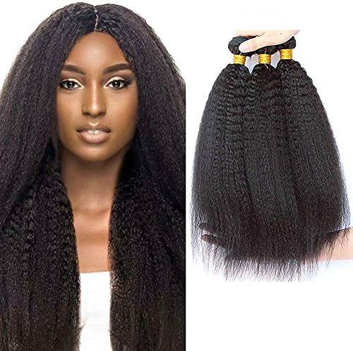 9A Brazilian Kinky Straight Human Hair 3 Bundles Yaki Straight Hair Weave 100% Unprocessed Virgin Human Hair Extensions Kinkys Straight Hair Weave Natural Black Color (12 14 16 Inch)