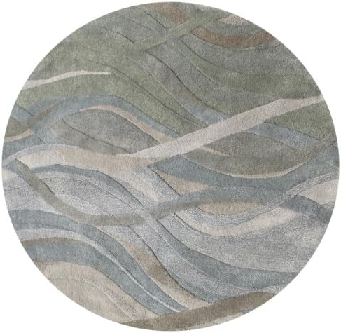 ZnZ Rugs Gallery, 20049_6Ft R, Hand Made Silver Grey New Zealand Blend Wool Rug, 1, Highlight Green, Multi Colors, 6Ft R'