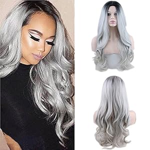 eseewigs frontal de encaje sintético de onda larga resistente al calor peluca Ombre Negro raíces Gris Plateado 130% densidad para mujer negro