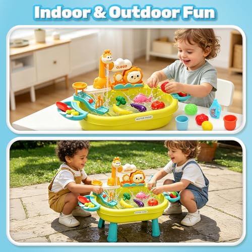 CUTE STONE Water Table, Play Sink with Running Water, Kitchen Pretend Play Set with Play Food & Tableware, Summer Outdoor Sensory Water Toy, Gift for Toddlers, Boys & Girls