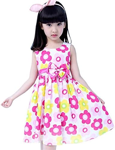 Jxsfly Girls Summer Sleeveless Flower Print School Uniform Dress with Bowknot 2-6Years (5-6Years, Rose Red a)