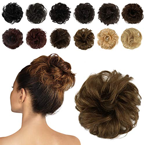 FESHFEN 100% Human Hair Scrunchies (27# Strawberry Blonde) Curly Messy Hair Bun Extensions Wedding Hair Pieces for Women Kids Hair Updo Donut Chignons