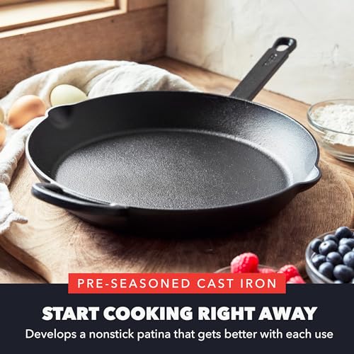 GREENPAN X BOBBY FLAY 12” CAST IRON PRE-SEASONED SKILLET WITH HELPER HANDLE, PROFESSIONAL GRADE HEAVY DUTY, INDUCTION, POUR SPOUTS, VERSATILE STOVETOP, OVEN, BBQ GRILL FIRE, INDOOR/OUTDOOR USE, BLACK