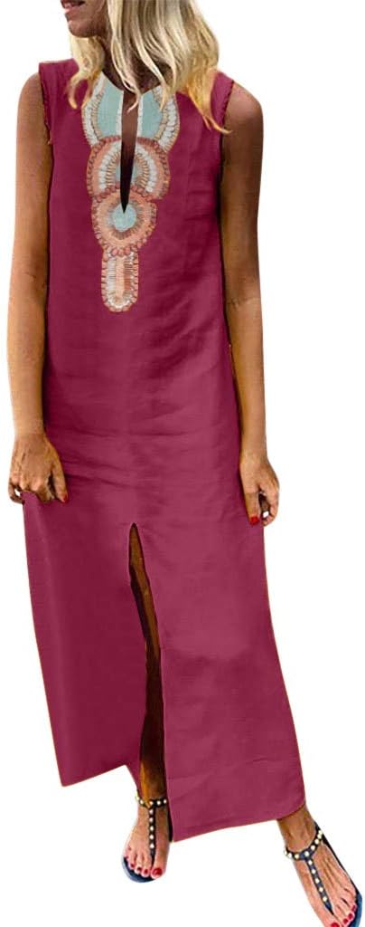 Lavany Women Fashion Line Boho Maxi Dress V-neck Split Hem Baggy Kaftan Long Dress