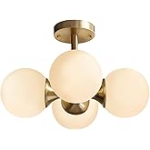 KCO Lighting Antique Brass 4-Light Ceiling Light Mid-Century Frosted Glass Globe Chandelier Modern Flush Mount Ceiling Light 