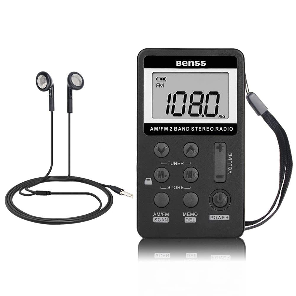 Benss Portable AM FM Mini Radio, Pocket DSP Digital Tuning Stereo Radio Mini Receiver with LCD Screen USB Rechargeable and Earphone for Walking Jogging (Black)