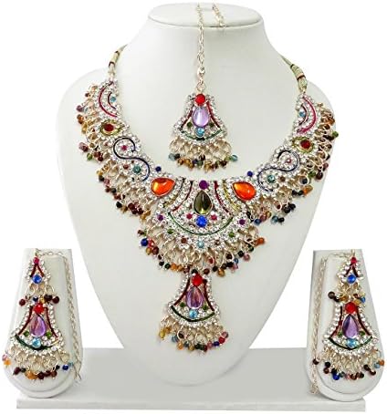 Indian Bollywood Jewelry Set Ethnic Gold plated Necklace set with Earrings and Maang Tikka JS8094 Multi