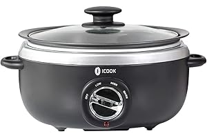 ICOOK USC-35-OP001BK 3.5 Quart Slow Cooker,Aluminium Sear/Sauté Stew Pot Stovetop safe,Dishwasher Safe,Glass Lid,Adjustable Temp,Food Warmer,Black
