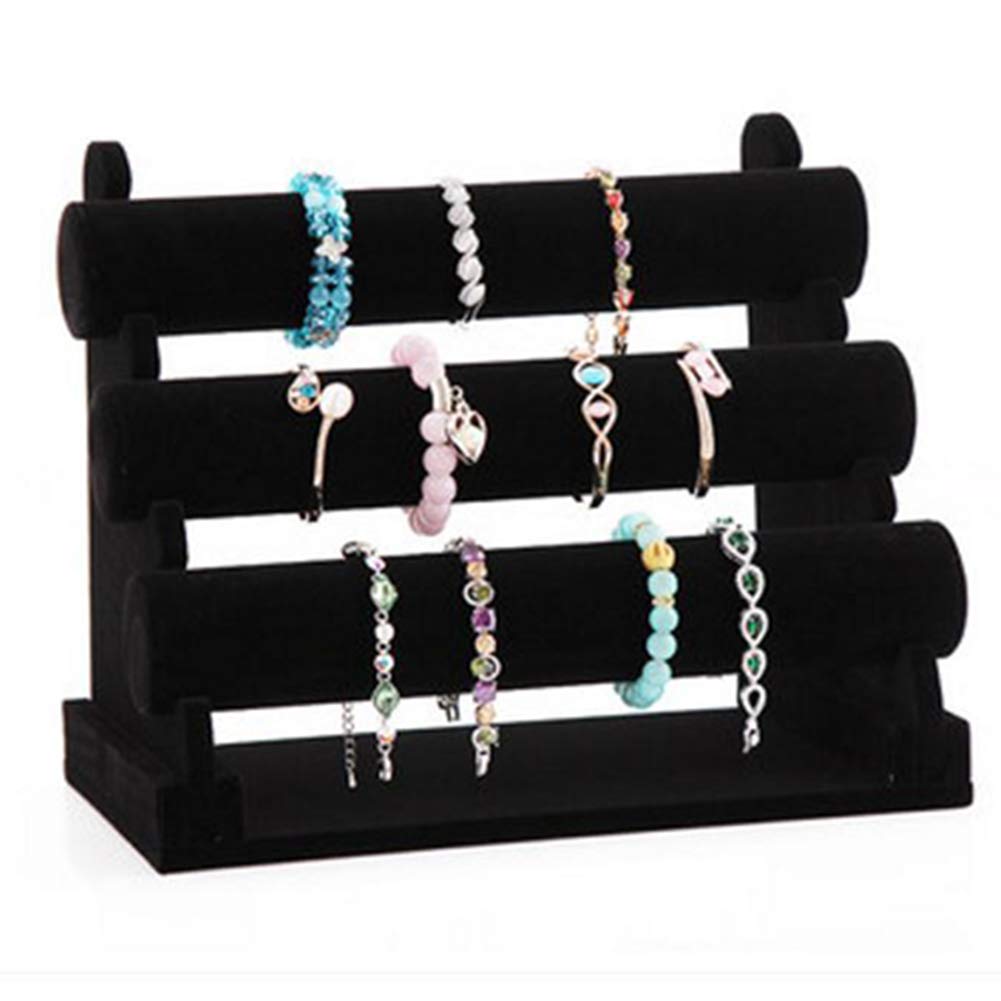 Pinkgarden 3 Tier Velvet Jewelry Stand Display, T-Bar Jewelry Organizer, Bracelet Holder for Bracelet Necklace Watch (Black)