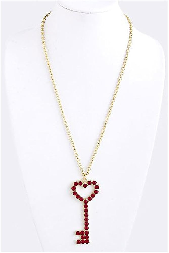Gold Crystal Key Pendant Chain Link Neckalce Red Jewel