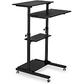 Mount-It! Black Rolling Standing Desk, Adjustable Height up to 54.7", Portable Laptop Podium Desk on Wheels, Mobile Computer Workstation with 4 Shelves 27.5" Wide, Cart for Home Office or Classroom