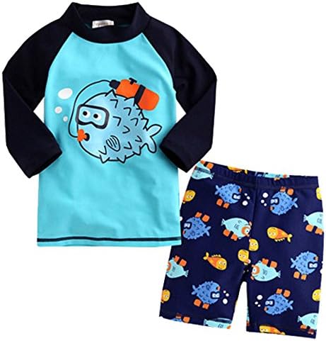 Baby Kid Boy Summer Long Sleeve Cartoon Fish Print Swimwear and Short Swimsuit 3-4 Years