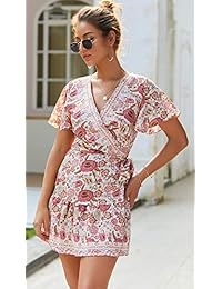 Rozegaga Vestido corto de verano para mujer, con estampado floral, cuello en V, volantes, estilo playero