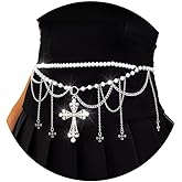 Florry Pearl Belly Chains for the Waist Beaded Waist Chain Belt Tassel Body Chains with Cross Silver Multilayer Waist Chains Belt for Women Dress