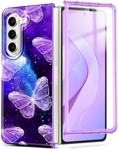 Btscase for Samsung Galaxy Z Fold 5 Case,Built in Front Screen Protector,Gold Glitter Marble Pattern Hard PC Slim Shockproof Full Body Drop Protective Case for Galaxy Z Fold 5 5G, Butterfly