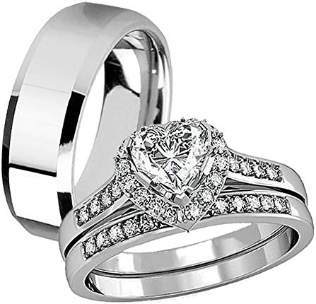 MABELLAHis Hers 3 Pcs Stainless Steel Matching Band Women Heart Cut Sterling Silver Wedding Engagement Ring Set