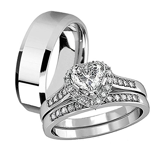 MABELLAHis Hers 3 Pcs Stainless Steel Matching Band Women Heart Cut Sterling Silver Wedding Engagement Ring Set