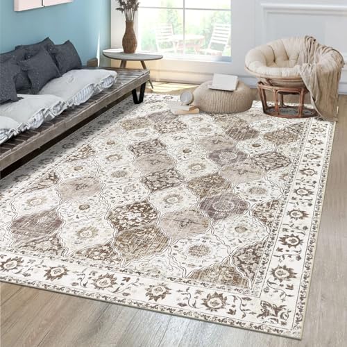 HEBE Washable Area Rug 6'x9' Non Slip Soft Distressed Medallion Bedroom & Living Room Rugs Vintage Entry Floor Carpet for Dining Room Bathroom Entryway