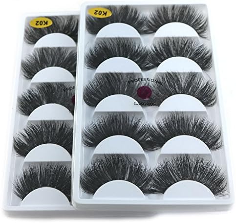 3D Real Mink False Eyelashes LASGOOS 100% Siberian Mink Fur Luxurious Soft Cross Thick Very Long Wedding Party 5 Pairs Fake Eye Lashes K02 (2 Pack-10 Pairs)