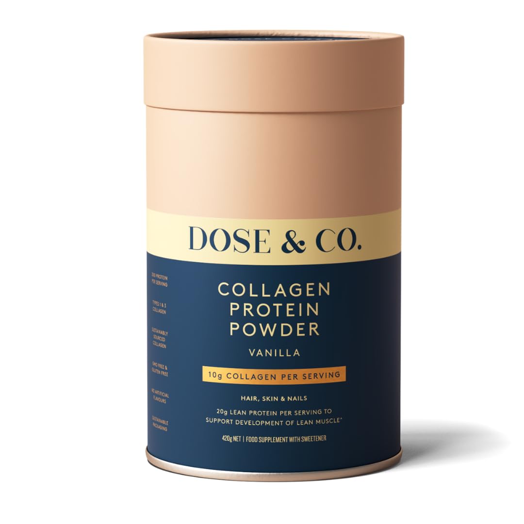Dose & Co Collagen Protein Powder - Vanilla, 420g | Hydrolysed Type I & III Collagen Peptides with 20g Whey Protein per Serving | Gluten Free, Non-GMO | Hair, Skin, Nails & Muscle Support