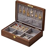 Bescott 1 Layer Solid Black Walnut Wooden Jewelry Box for Women with Lock and Key Wood Vintage Organizer for Men Earrings Rings Necklaces Bracelet Storage Mother's Day Gift