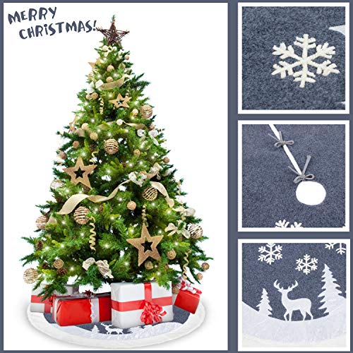 7Felicity Christmas Tree Skirt 48 inches, Fur Rustic White Xmas Tree Skirt,Snowy Christmas Trees Mat Decorations Indoors,Deer and Snowflake Pattern (White Deer) - Thumbnail 6