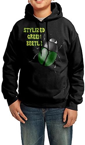 Stylized Green Beetle Cotton Casual Long Sleeve Drawstring Pullover HoodSweatshirt Black For Boys