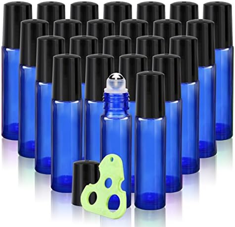 Olilia 10 ml Cobalt Blue Glass Roll on Bottles with Metal Roller Balls,24 Pack, Essential Oils Key Tool