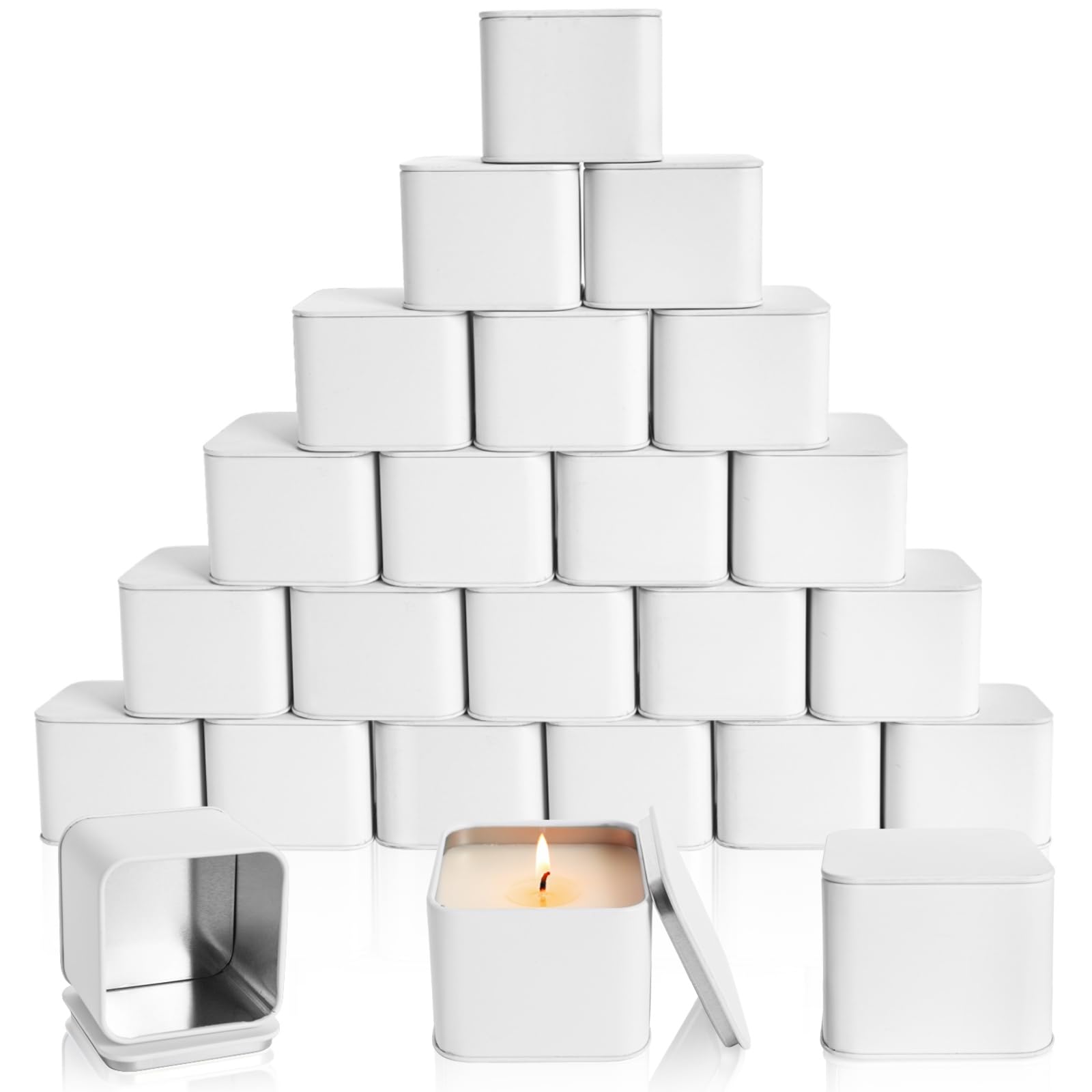 AVLA 24 Pack Candle Tins, 8 OZ Square Candles Jar with Lid, Empty Metal Candle Containers, Bulk Candy Storage Can Sets for DIY, Arts, Crafts, Storage, Gifts, White Decorative Candles Making Supplies