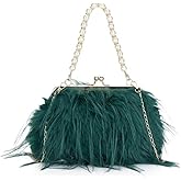 Women Pearl Ostrich Feather Tote Bag Fluffy Purse Clutch Feather Evening Handbag for WeddingParty(Green)