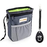 Dog Treat Pouch with Waste Bags Dispenser, FurryFido Dog Training Pouch with Extra Long Waist Belt and Over Shoulder Strap, Carries Treats, Toys, Keys etc. ( One Set of Training Clicker) (Grey)