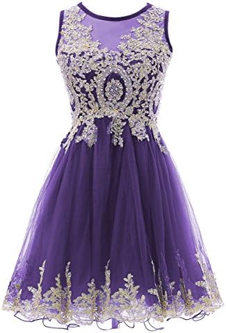 Yahmet Tulle Prom Dresses Short with Gold Appliques Homecoming Dress Formal Gown 2017 Purple 8