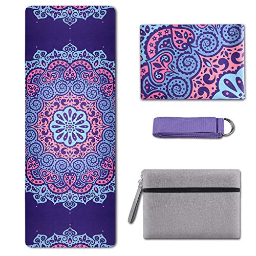 KUYOU Yoga Mat Foldable 1/16 Inch Thick Non-Slip Travel Yoga Mat Cover Pad Sweat Absorbent and Soft Lightweight Exercise Workout Mat with Stretch Band Strap for Yoga Pilates and Fitness