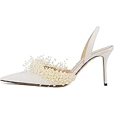 Goolita Pearl Slingback Heels for Women, Pointed Closed Toe Slip On Heeled Sandals Stiletto Heel Evening Bridal Shoes for Wedding