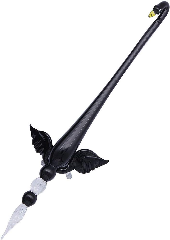 SIPLIV Handmade Crystal Glass Swan Dip Pen Fountain Pen Kit Vintage Calligraphy Signatures Pen with A Wing Pen Holder, Black