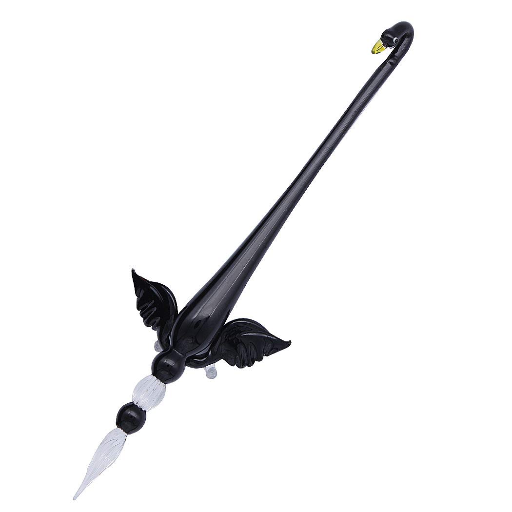 SIPLIV Handmade Crystal Glass Swan Dip Pen Fountain Pen Kit Vintage Calligraphy Signatures Pen with A Wing Pen Holder, Black