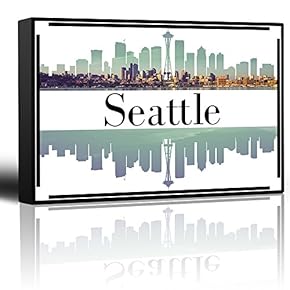 City Skyline Series - Seattle - Colorful Urban Art - Sunsets and Silhouettes Famous Buildings and Landmarks - Canvas Art Home Art - 12x18 inches