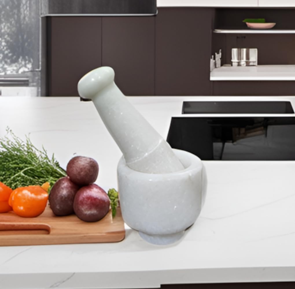 Purpledip Marble Mortar Pestle Grinding Crushing Bowl Set: Ayurvedic Khal Dasta, Round, Polished (12469A)