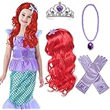 Princess Mermaid Wig Ariel Braid with Princess Tiara Necklace Gloves Princess Mermaid Ariel Dress Up Halloween Costume Cosplay Accessories for Kids Girls Red
