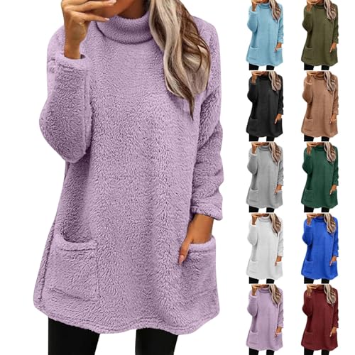 Fleece Jumpers for Women UK Teddy Fleece Longline Sweatshirts with Pockets Lightweight Loose Knitted Pullover Tops Plus Size Long Sleeve Winter Cosy Sweaters Half Turtleneck Plain Tunic Blouses