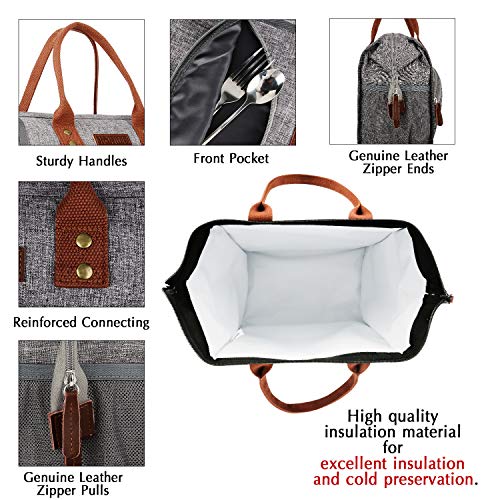 Lunch Bag, KOMUEE Insulated Lunch Box Wide-Open Lunch Tote Bag Large Drinks Holder Durable Nylon Thermal Snacks Organizer for Women Men Adults College Work Picnic Hiking Beach Fishing (grey)