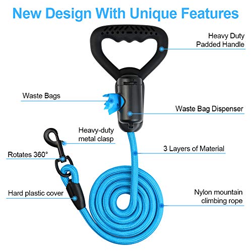 5FT Strong Dog Leash with Heavy Duty Padded Comfortable Handle Built-in Dog Waste Dispenser and Bags for Walking Training Hiking Outdoors (5FT, Black)