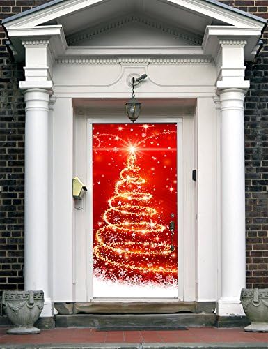 Christmas Front Door Cover Entry Holiday Doors 3D Banner Decor Christmas Tree Vinyl Outdoor House New Year Decoration ON17