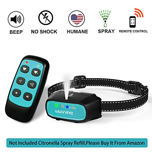WWVVPET Spray Dog Training Collar with Remote Control,2 Modes Citronella Dog Bark Collar (Not Included Citronella Spray),500 ft No Electric Shock Harmless, Rechargeable Waterproof