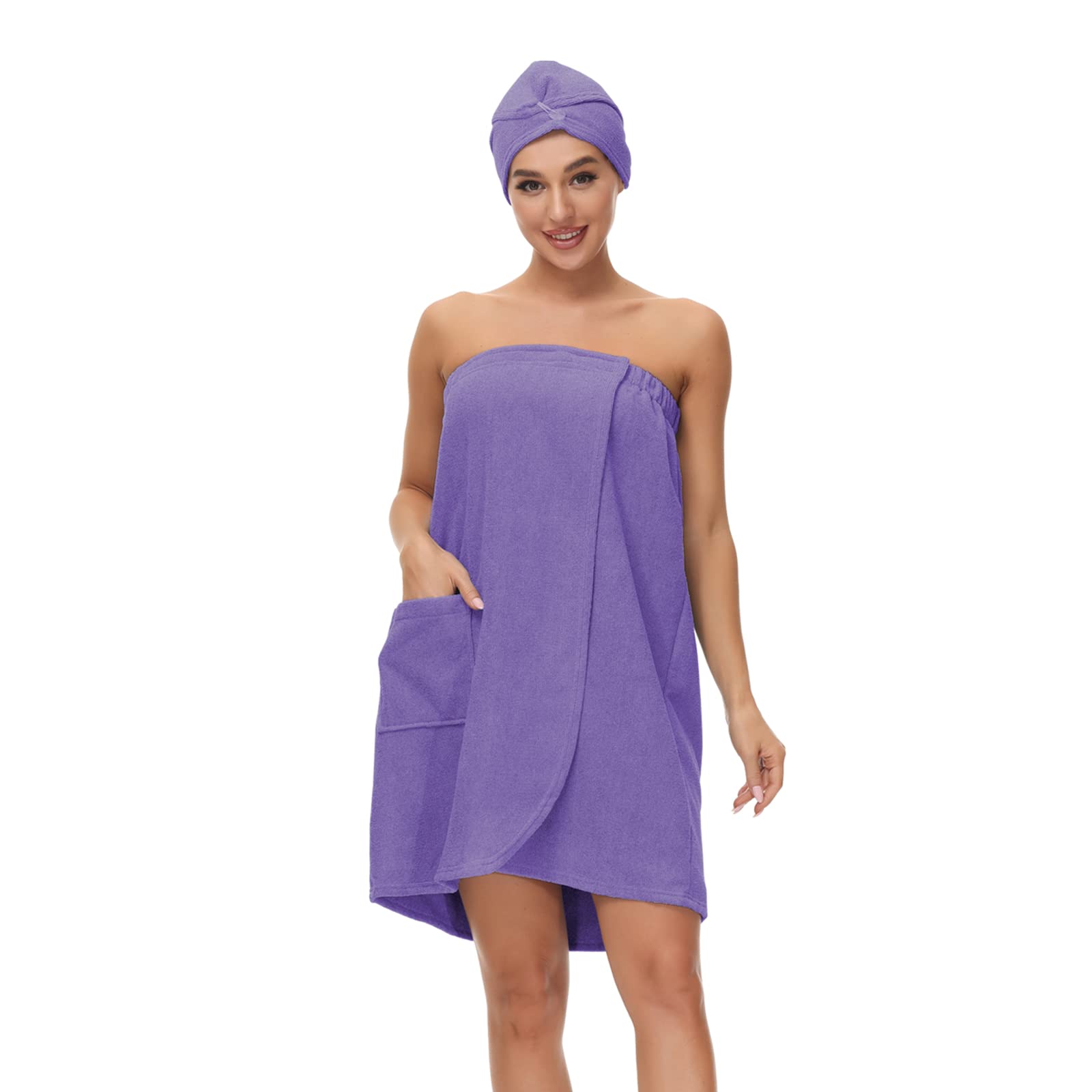 Verve Jelly Women Bath Wrap Towel Cover Up for Shower Super Soft Lightweight Robe with Hair Towel Light Purple S