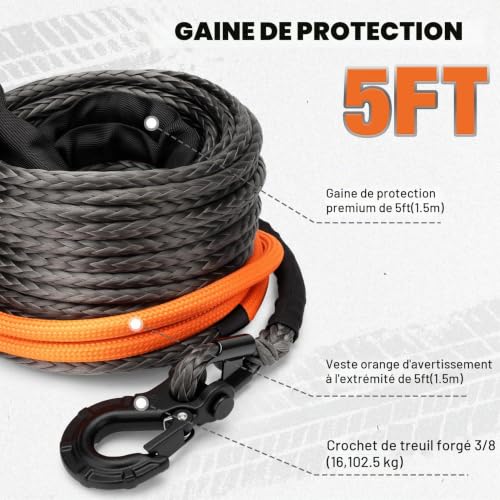 SHALL Tow Straps & Ropes, Synthetic Winch Rope 12mm x 28m, 16 Ton (16500 LB), Protective Sleeve, Forged Winch Hook and Safety Strap.